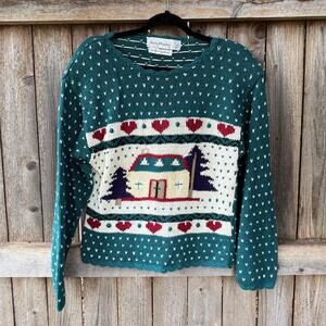 VTG ramie cotton pullover SWEATER teal house hearts birdseye MARISA CHRISTINA